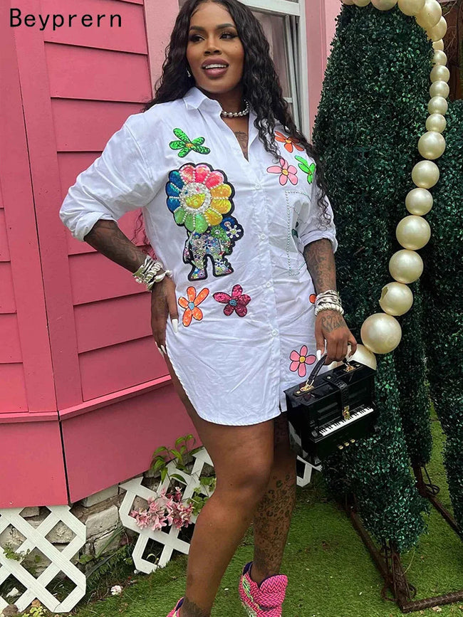 Women’s Elegant Floral Embroidered Blouse – Beaded Clubwear Top with Turn-Down Collar, Midweight Polyester & Slight Stretch (S-XXL)