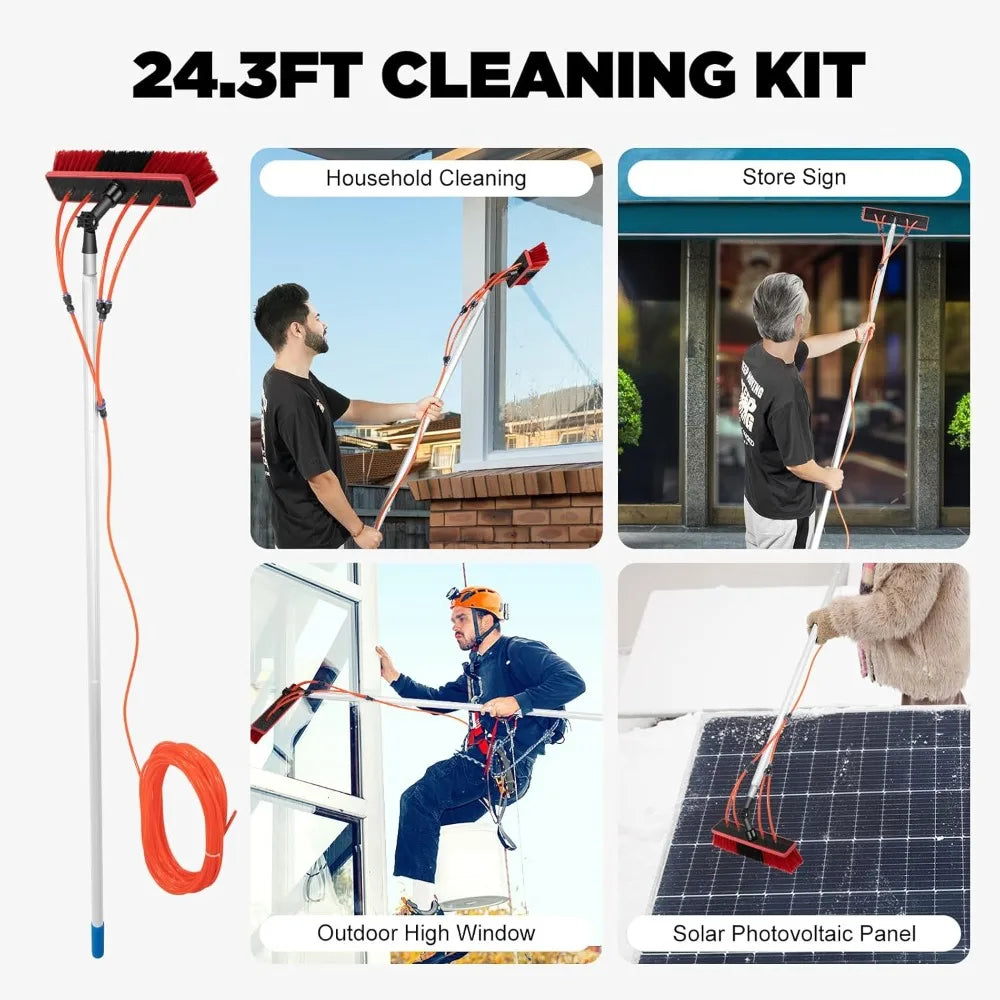 26ft Solar Panel Cleaning Kit – Telescopic Aluminum Pole with 65ft Hose, 180° Adjustable Brush Head for Windows & PV Panels (Lightweight, Universal Fit)