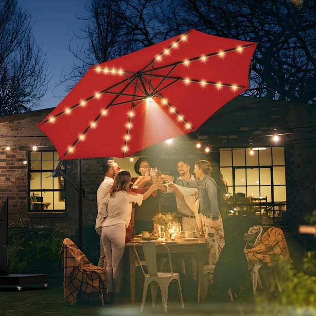 10ft Solar LED Offset Patio Umbrella – Hurricane-Proof Cantilever Design with 32+1 Lights, SPF 50+ UV Protection & Stand Included
