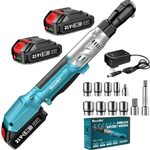 21V Cordless Ratchet Wrench – 90Nm Torque, 2x 2000mAh Batteries, LED Light (Car Repair & DIY Tool Kit)