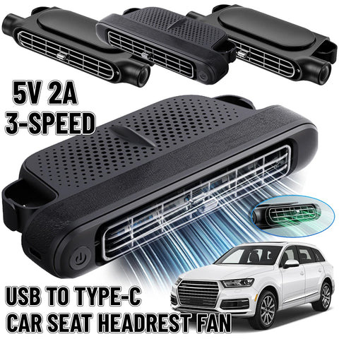Car Headrest Cooling Fan – 3-Speed Adjustable USB-C Air Cooler with Magic Tape, Universal Fit for Cars, SUVs, RVs (Portable & Quiet)