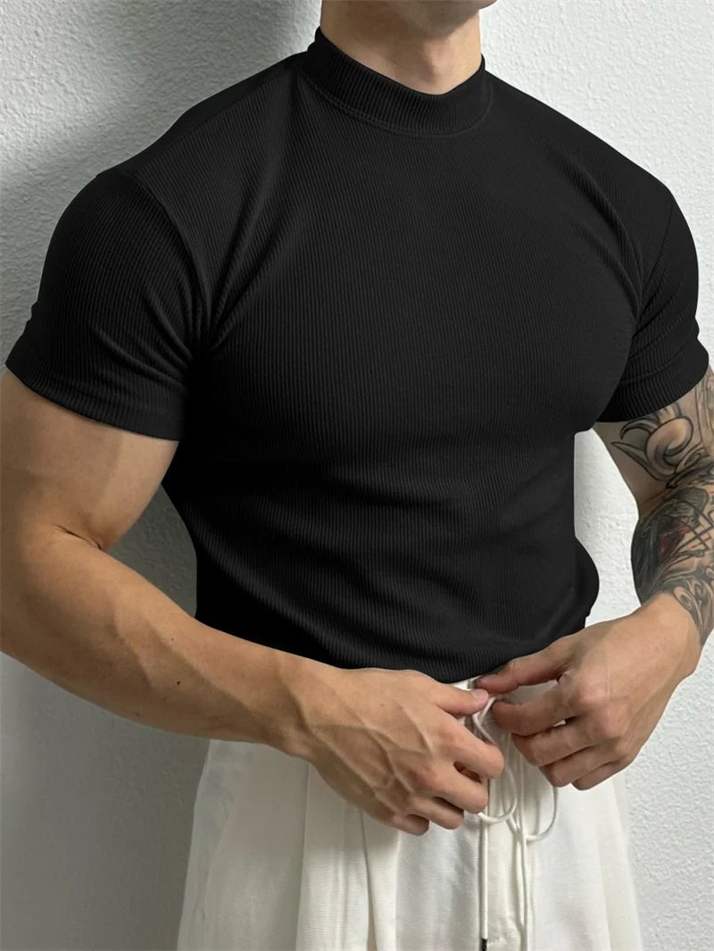 Fashion Small High Collar Stripe Shirt Short Sleeve Fitness Leisure Sport Tee - TheWellBeing4All