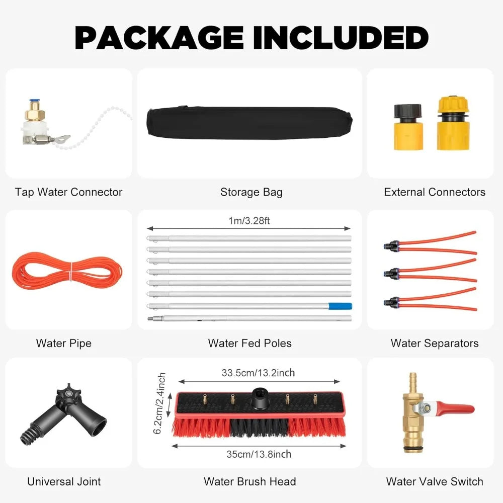 26ft Solar Panel Cleaning Kit – Telescopic Aluminum Pole with 65ft Hose, 180° Adjustable Brush Head for Windows & PV Panels (Lightweight, Universal Fit)