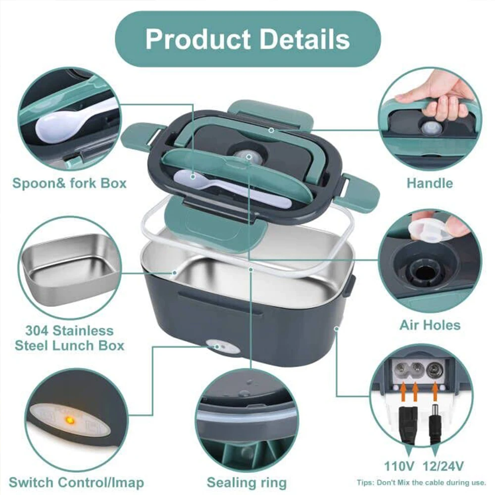 Electric Lunch Box 1.5L 40W with Fork & Spoon Stainless Steel Portable Heating Lunchbox Food Warmer - TheWellBeing4All