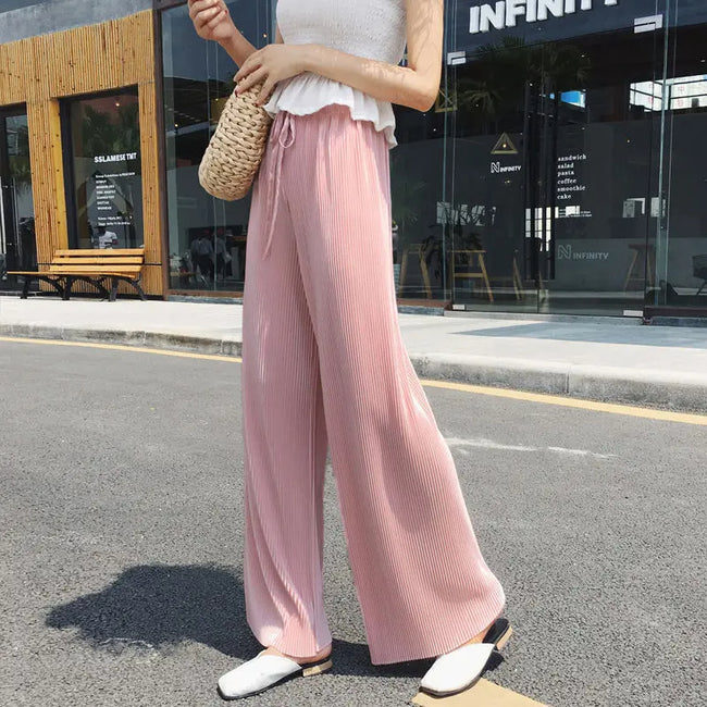 Women's Summer Wide-Leg Ice Silk Pants – Elastic Waist Pleated Trousers, Loose Casual Ankle-Length Trousers (Mid-Rise, Medium Stretch)