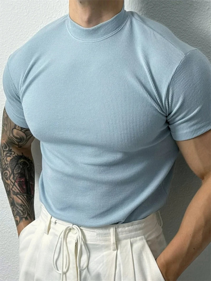 Fashion Small High Collar Stripe Shirt Short Sleeve Fitness Leisure Sport Tee - TheWellBeing4All