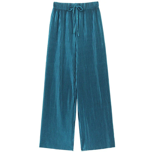 Women's Summer Wide-Leg Ice Silk Pants – Elastic Waist Pleated Trousers, Loose Casual Ankle-Length Trousers (Mid-Rise, Medium Stretch)