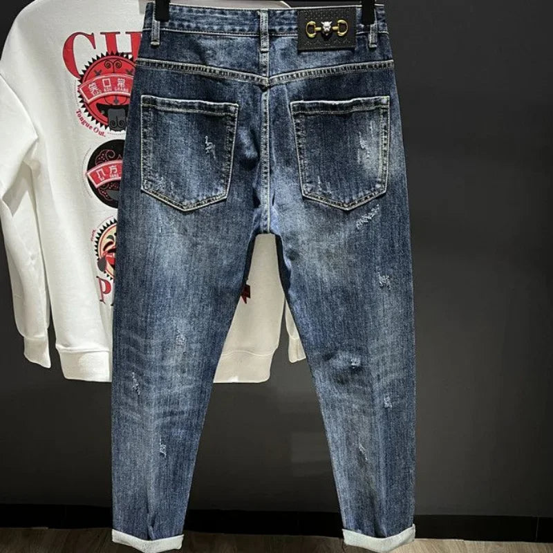 Men's Tapered Torn Cowboy Jeans: Ripped, Graphic Trousers, Korean Style Denim