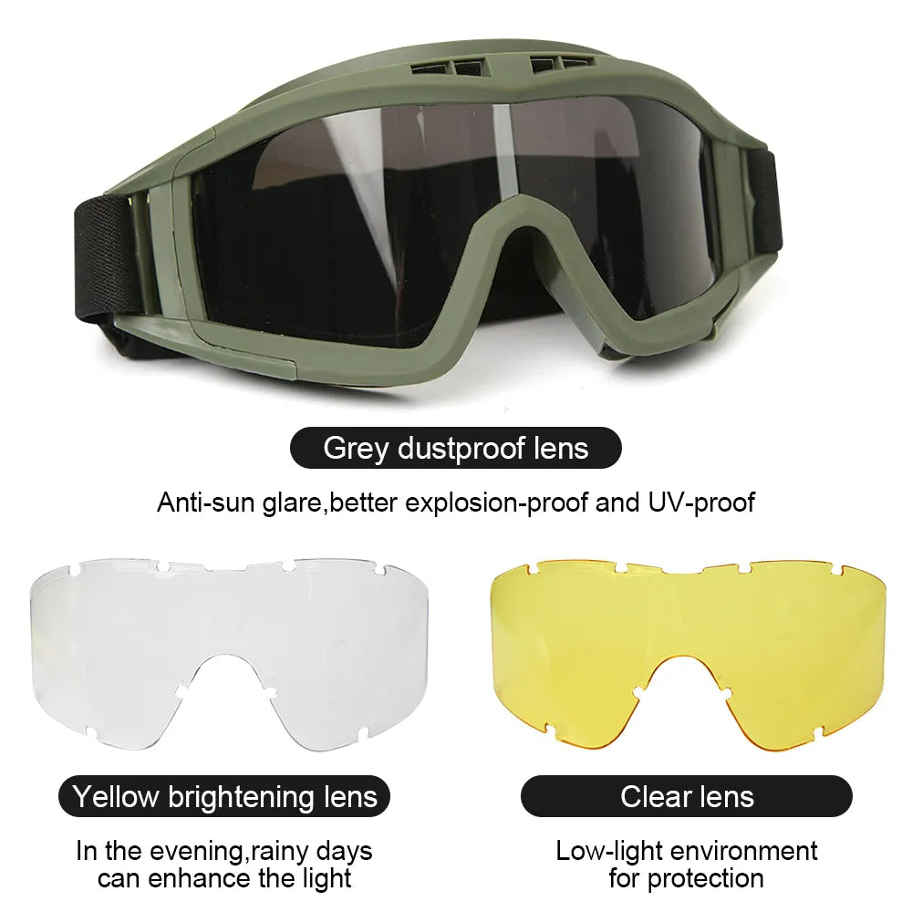 Airsoft Tactical Goggles with 3 Interchangeable Lenses - Windproof, Dustproof, and Impact Resistant