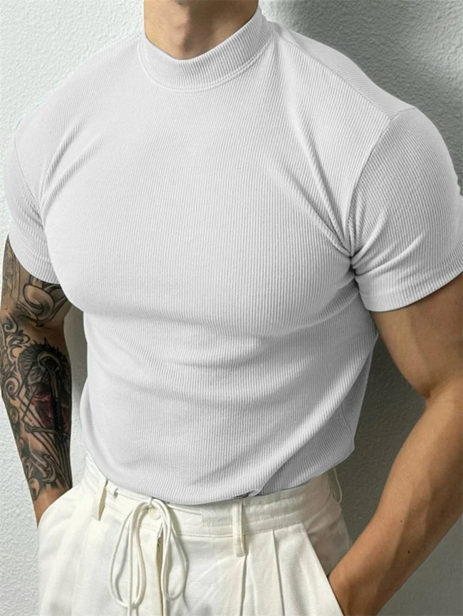 Fashion Small High Collar Stripe Shirt Short Sleeve Fitness Leisure Sport Tee