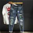 Men's Tapered Torn Cowboy Jeans: Ripped, Graphic Trousers, Korean Style Denim