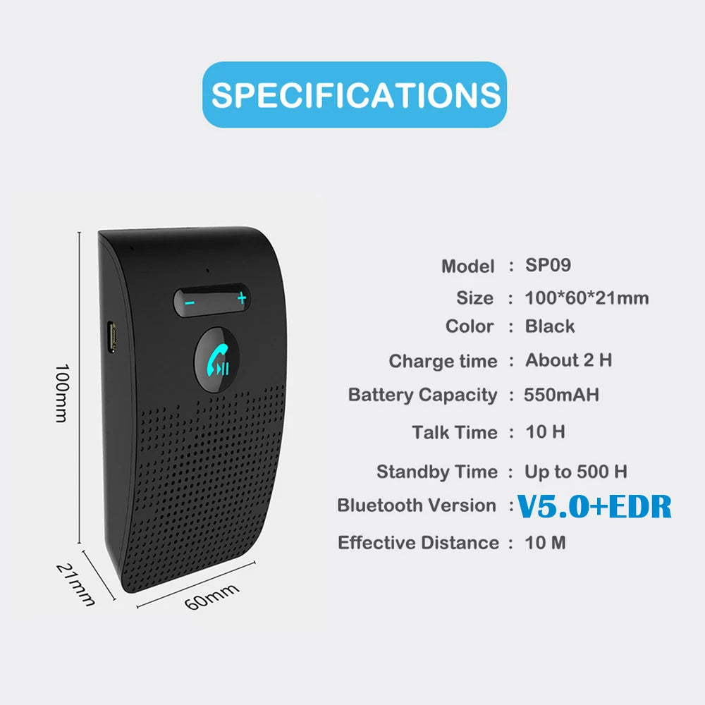 Bluetooth 5.0 Hands-Free Car Kit – 2W HIFI Speaker, Noise Cancelling, Sun Visor Clip & Dual Phone Pairing | Wireless MP3 Player for Cars