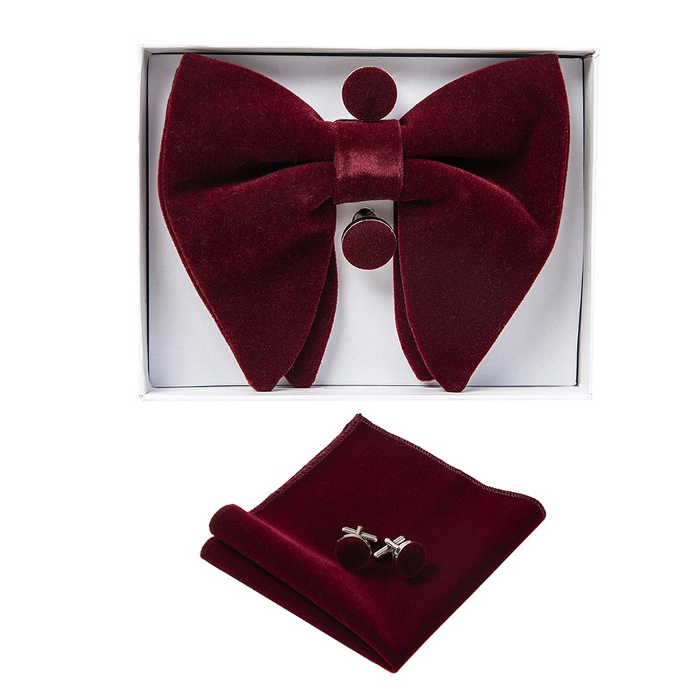 Ricnais Velvet Big Bow Tie Men's Bowties Pocket Square Cufflinks Set Solid Red Blue Handkerchief Necktie - The Well Being The Well Being 14 The Well Being Ricnais Velvet Big Bow Tie Men's Bowties Pocket Square Cufflinks Set Solid Red Blue Handkerchief Necktie