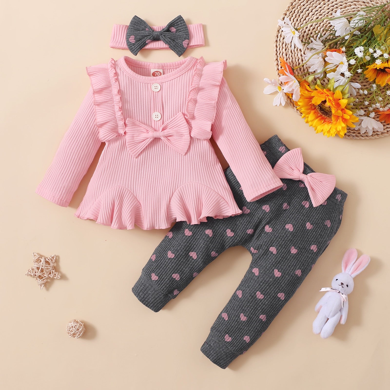 Newborn Baby Girls Clothes Set Pink Toddler Ruffle Tops Heart Print Bow Trousers Princess Casual Infant Outfits Clothes Suit - The Well Being The Well Being Pink / 24M The Well Being Newborn Baby Girls Clothes Set Pink Toddler Ruffle Tops Heart Print Bow Trousers Princess Casual Infant Outfits Clothes Suit