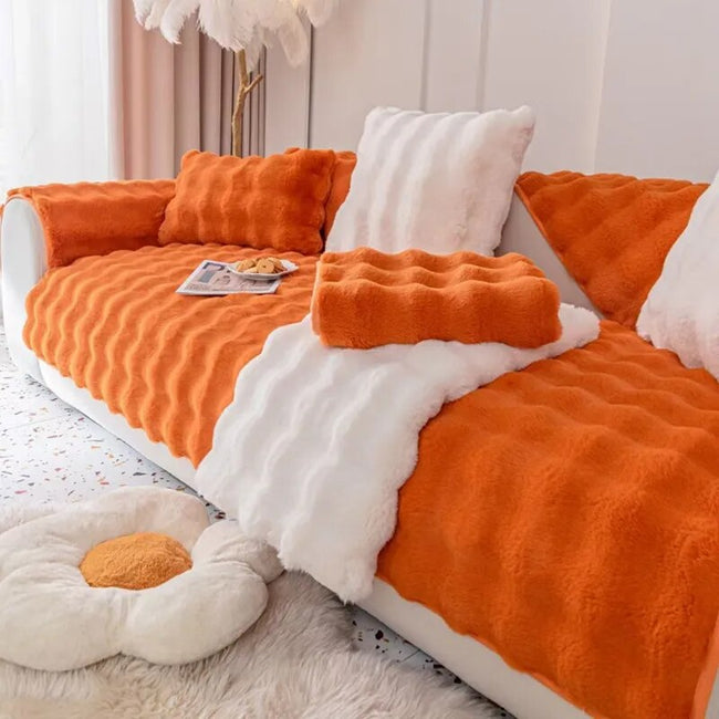 Thick Rabbit Plush Sofa Cover - Non-slip, Full Coverage Slipcover - The Well Being The Well Being Orange / 90X180CM-1PC The Well Being Thick Rabbit Plush Sofa Cover - Non-slip, Full Coverage Slipcover