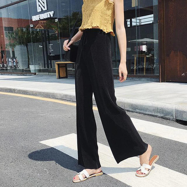 Women's Summer Wide-Leg Ice Silk Pants – Elastic Waist Pleated Trousers, Loose Casual Ankle-Length Trousers (Mid-Rise, Medium Stretch)