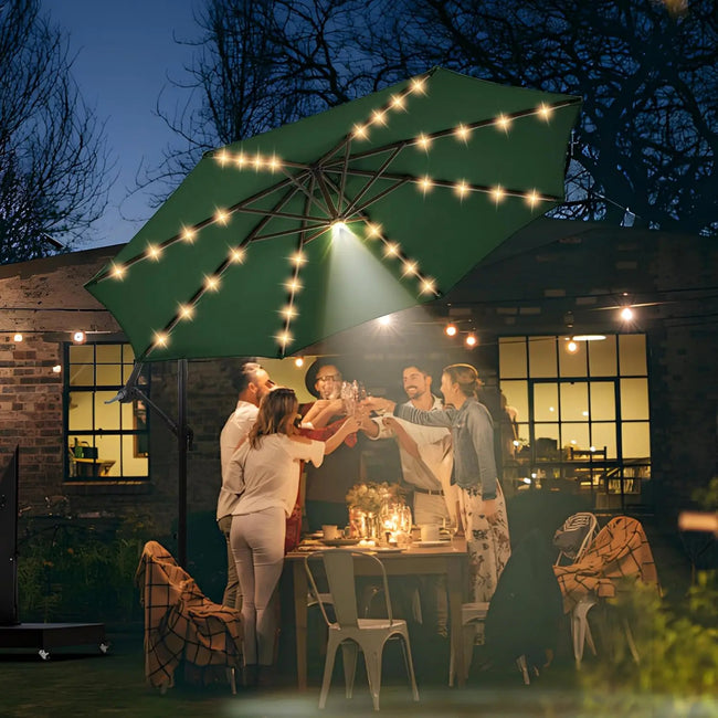10ft Solar LED Offset Patio Umbrella – Hurricane-Proof Cantilever Design with 32+1 Lights, SPF 50+ UV Protection & Stand Included
