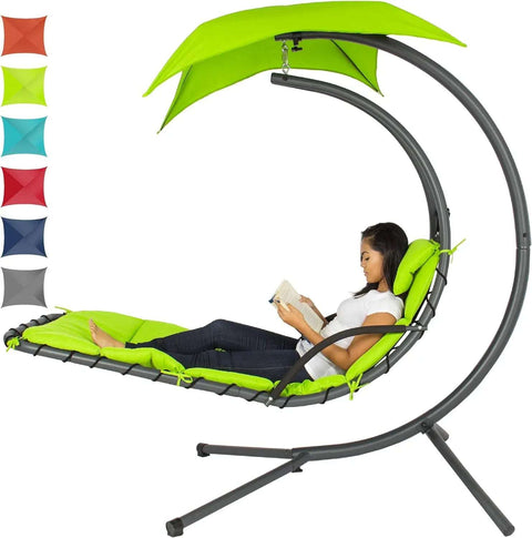 Best Choice Products Outdoor Hanging Curved Steel Chaise Lounge Chair Swing w/ Pillow & Removable Canopy - Red