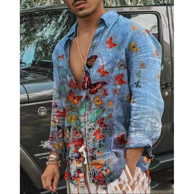 Vintage Shirt Men Long Sleeves Printed Hawaiian Beach Casual Single-Breasted Stand Collar Shirt - TheWellBeing4All