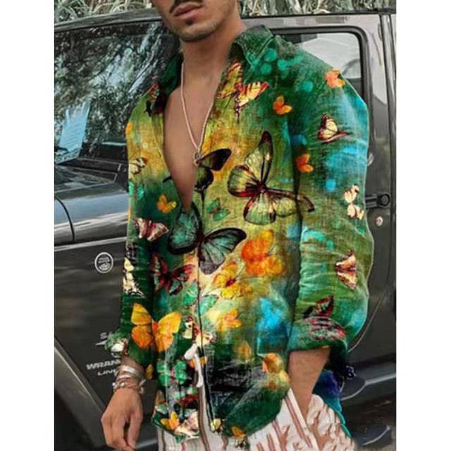 Vintage Shirt Men Long Sleeves Printed Hawaiian Beach Casual Single-Breasted Stand Collar Shirt - TheWellBeing4All