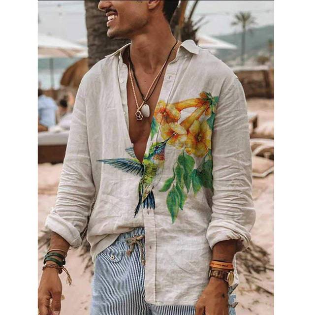 Vintage Shirt Men Long Sleeves Printed Hawaiian Beach Casual Single-Breasted Stand Collar Shirt - TheWellBeing4All