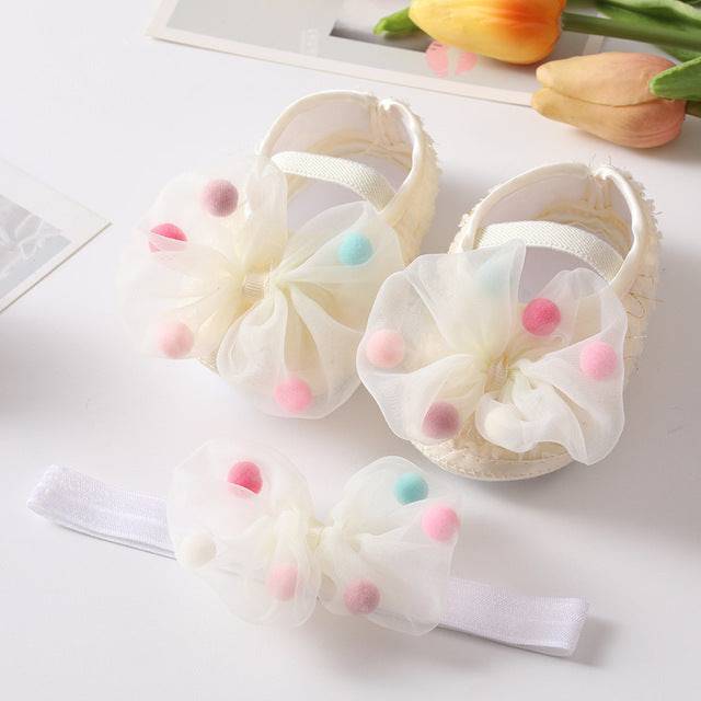 Baby Shoes Baptism White Bowknot Baby Girl Lace Shoes Headband Set Toddler Prewalker Cute Baby Soft Shoes for 0-18M Kids - TheWellBeing4All