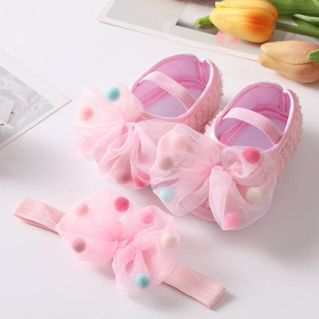 Baby Shoes Baptism White Bowknot Baby Girl Lace Shoes Headband Set Toddler Prewalker Cute Baby Soft Shoes for 0-18M Kids - TheWellBeing4All