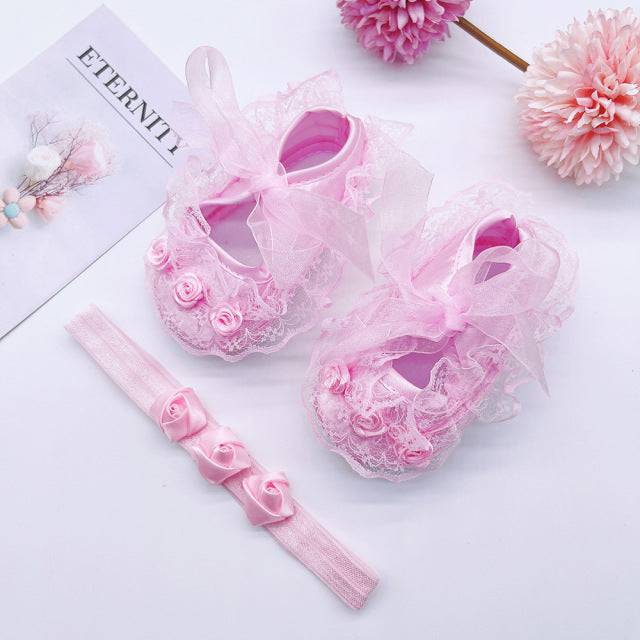 Baby Shoes Baptism White Bowknot Baby Girl Lace Shoes Headband Set Toddler Prewalker Cute Baby Soft Shoes for 0-18M Kids - TheWellBeing4All