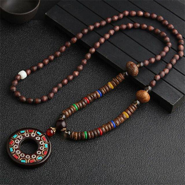 Handmade Necklace Nepal Buddhist Mala Wood Beads Pendant - TheWellBeing4All