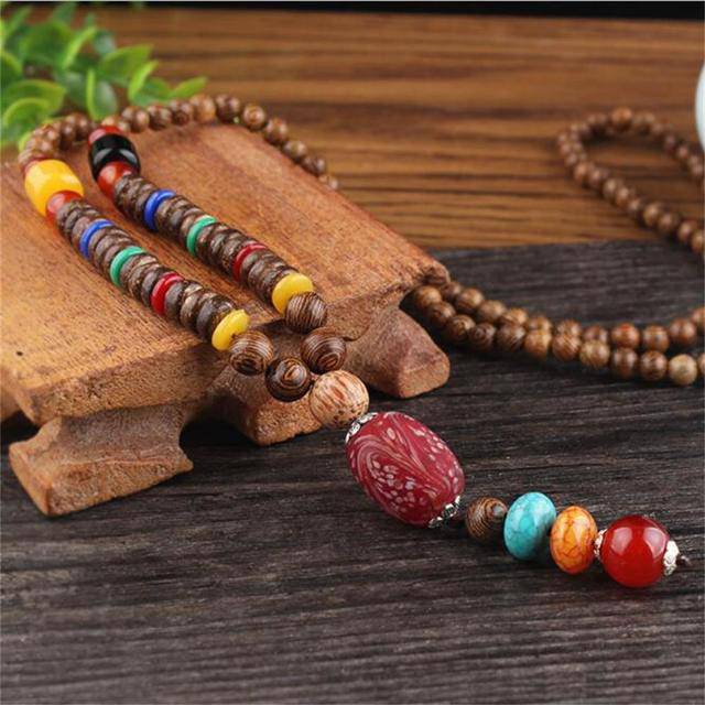 Handmade Necklace Nepal Buddhist Mala Wood Beads Pendant - TheWellBeing4All