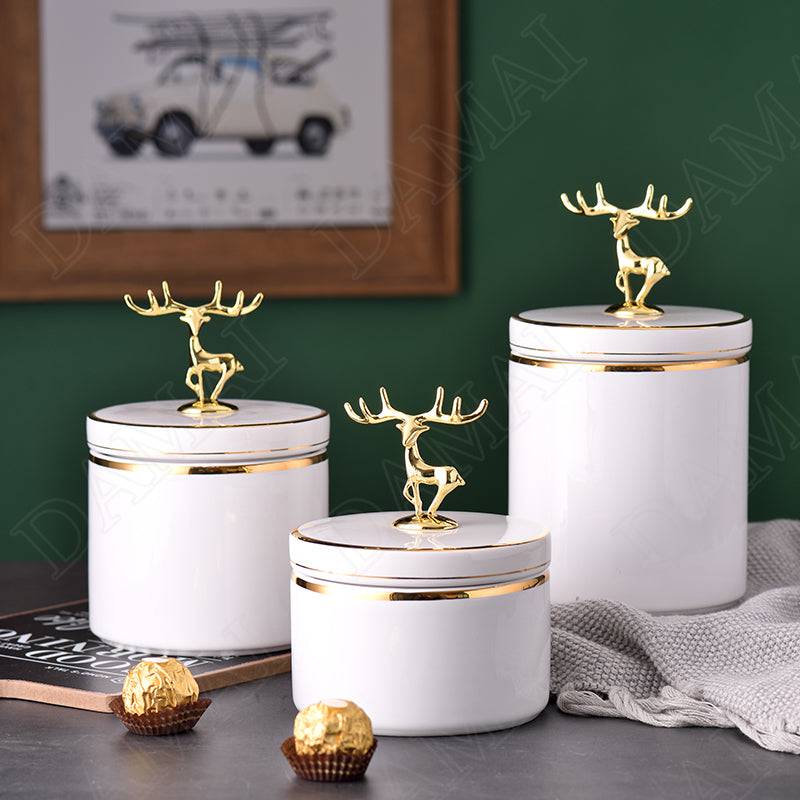 Golden Stroke Ceramics Storage Jar Jewelry Cosmetic Container Gilded Deer Seal - TheWellBeing4All