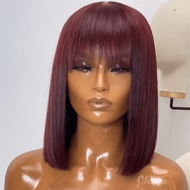 Red Short Human Hair Wig with Fringe for Women Straight Remy Hair - TheWellBeing4All