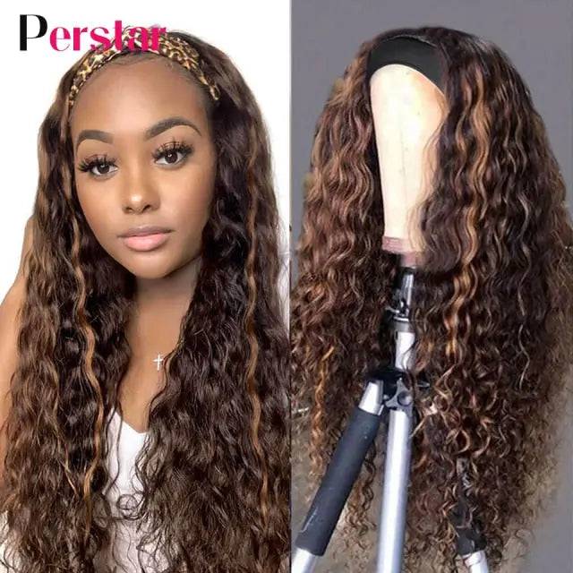 Human Hair Water Curly Headband Human Hair Wigs for Women Brazilian Highlight Wigs Honey Blonde Wig - TheWellBeing4All