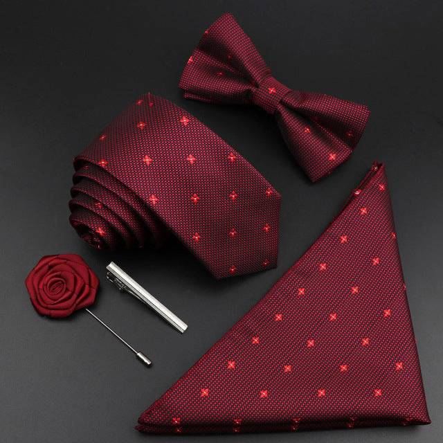 Tie Set Polyester Jacquard Woven Necktie Bowtie Suit Vintage Red Blue - TheWellBeing4All