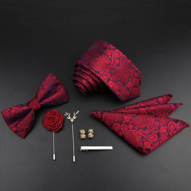 Tie Set Polyester Jacquard Woven Necktie Bowtie Suit Vintage Red Blue - TheWellBeing4All