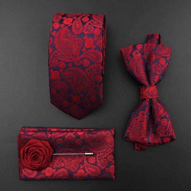 Tie Set Polyester Jacquard Woven Necktie Bowtie Suit Vintage Red Blue - TheWellBeing4All