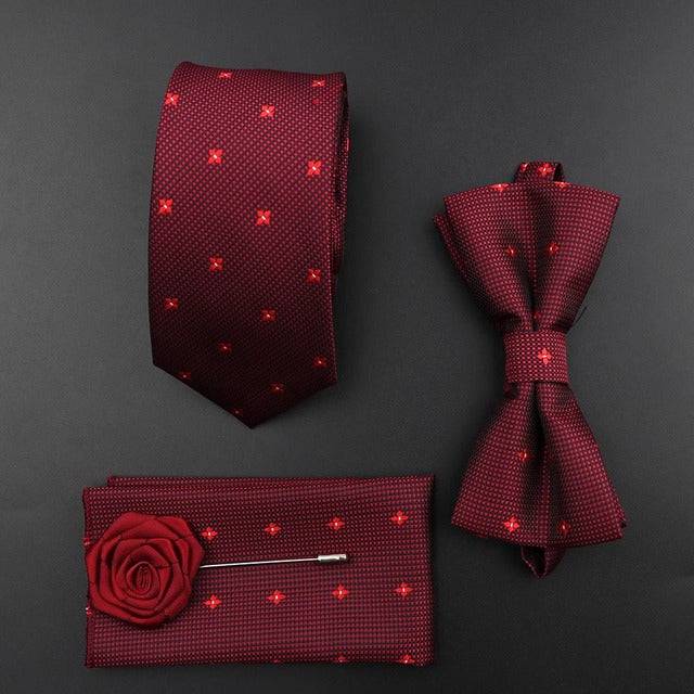 Tie Set Polyester Jacquard Woven Necktie Bowtie Suit Vintage Red Blue - TheWellBeing4All