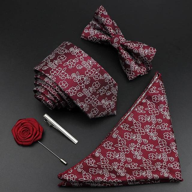 Tie Set Polyester Jacquard Woven Necktie Bowtie Suit Vintage Red Blue - TheWellBeing4All