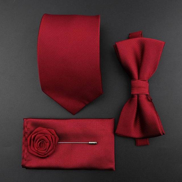 Tie Set Polyester Jacquard Woven Necktie Bowtie Suit Vintage Red Blue - TheWellBeing4All