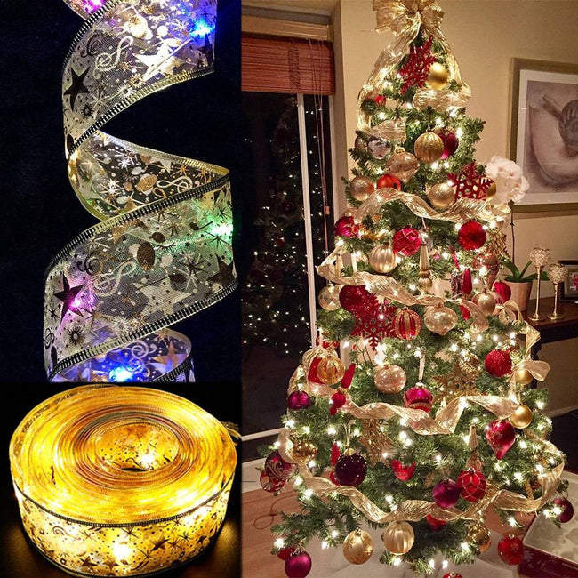 Christmas Decoration LED Ribbon Lights Christmas Tree Ornaments DIY Lace Bows String Lights Navidad Home Decors - TheWellBeing4All