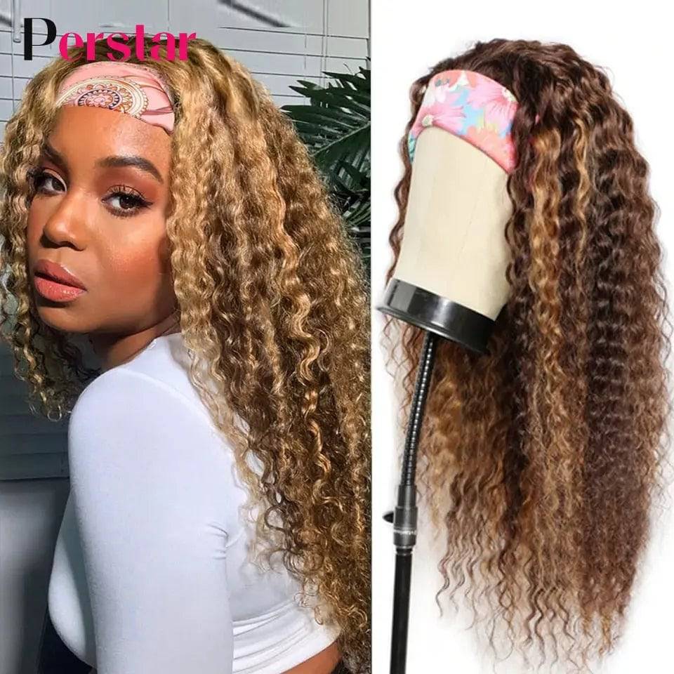 Perstar Brazilian Headband Wig Human Hair Ombre Water Curly Headband Human Hair Wigs For Women Highlight Wigs Honey Blonde Wigs - TheWellBeing4All
