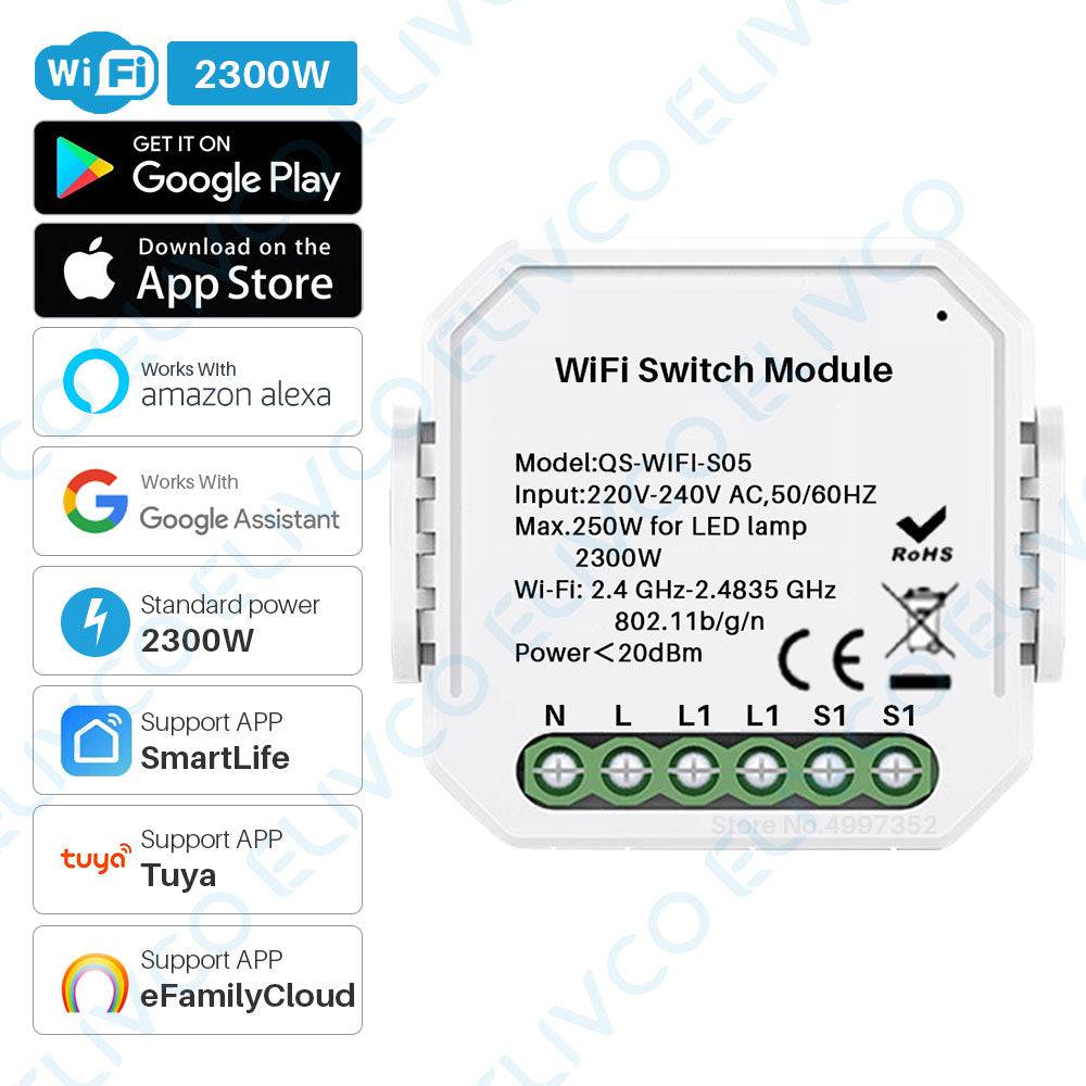 Smart Switch Module 1 Gang/2 Gang Two Way 10A 2300W  APP Remote Control  Works With Alexa - TheWellBeing4All