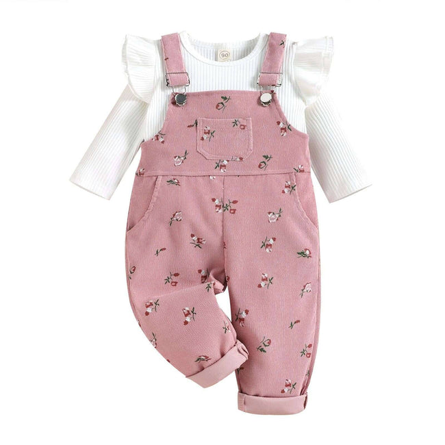 Ensemble de costume 2 pièces pour enfants, hauts à manches longues à col rond de couleur unie + pantalon à bretelles à imprimé Floral pour filles de 6 mois à 4 ans