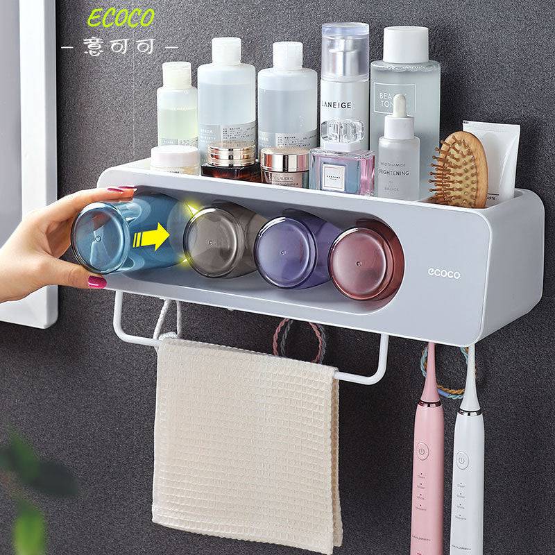 ECOCO Toothbrush Towel Bar Bathroom Wall Mounted Shelf Punch Free Mouthwash Toothbrush Cup Toothpaste Squeezer Storage Holder - TheWellBeing4All