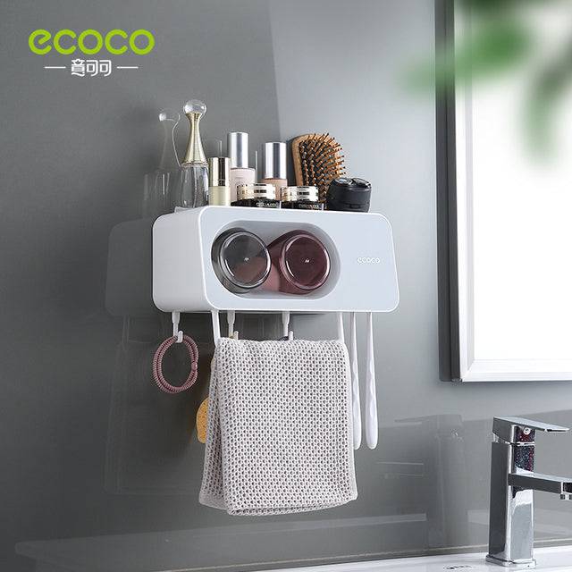 ECOCO Toothbrush Towel Bar Bathroom Wall Mounted Shelf Punch Free Mouthwash Toothbrush Cup Toothpaste Squeezer Storage Holder - TheWellBeing4All