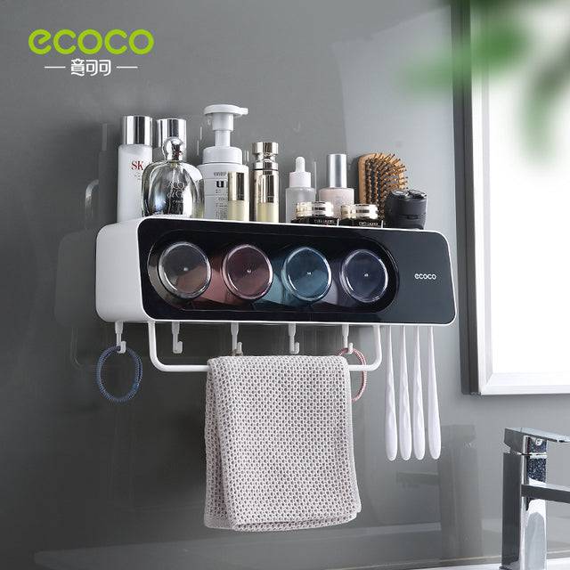 ECOCO Toothbrush Towel Bar Bathroom Wall Mounted Shelf Punch Free Mouthwash Toothbrush Cup Toothpaste Squeezer Storage Holder - TheWellBeing4All