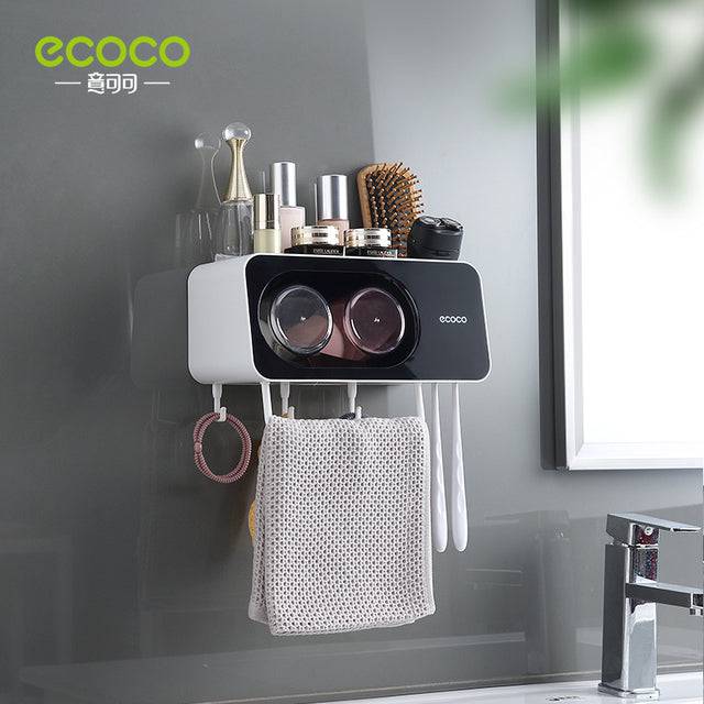 ECOCO Toothbrush Towel Bar Bathroom Wall Mounted Shelf Punch Free Mouthwash Toothbrush Cup Toothpaste Squeezer Storage Holder - TheWellBeing4All