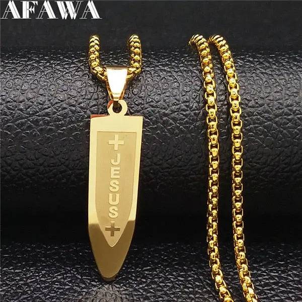 Long Stainless Steel Choker Necklace for Men Gold Color Jesus Bullet Necklaces Jewerly cadenas para hombre - TheWellBeing4All