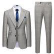 Men Plaid Single Breasted Business 3 Piece Light Grey Formal Wedding Suits - TheWellBeing4All