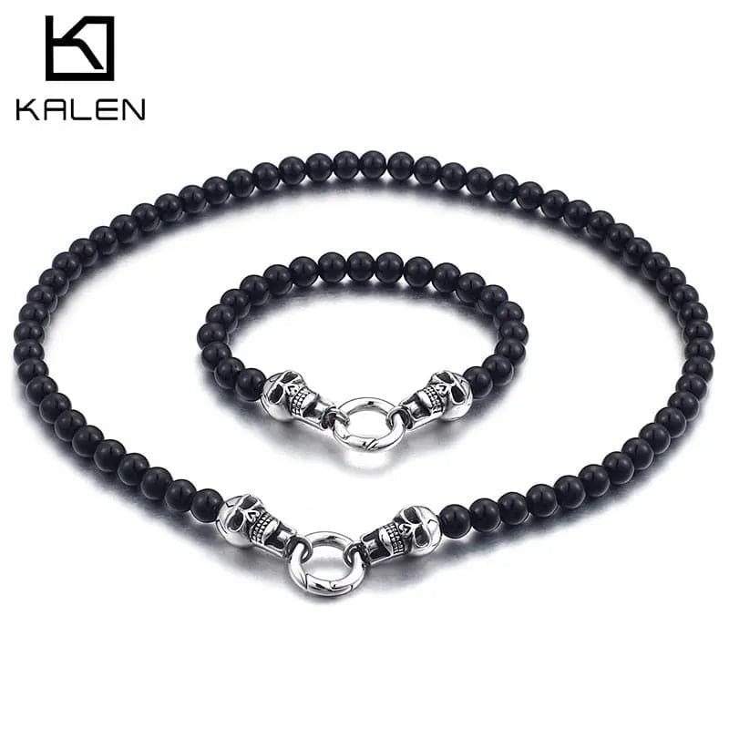 Skull Necklace And 220MM Bracelet Set 19MM Width Beaded Chain Punk Cool - TheWellBeing4All
